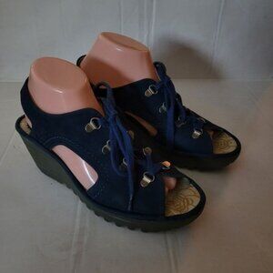 Women's FLY London Shoes 40 9.5 Suede Blue Wedgw sandals designer